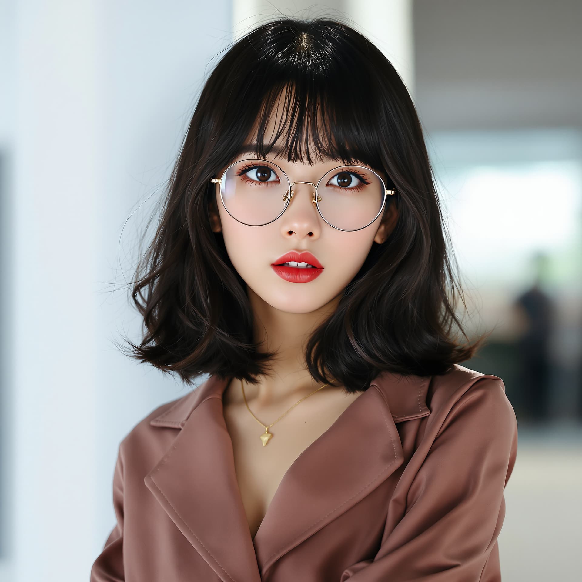 AI generated: korean female model gorgeous ulzzang come hitter look, small lips, shiny hair Black with bangs weari...