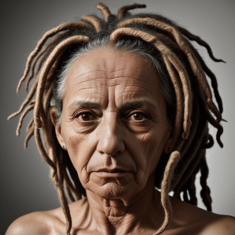 AI generated: hyper realistic headshot photo of a 60 year old italian  woman, dreadlocks, she has a depressed look...