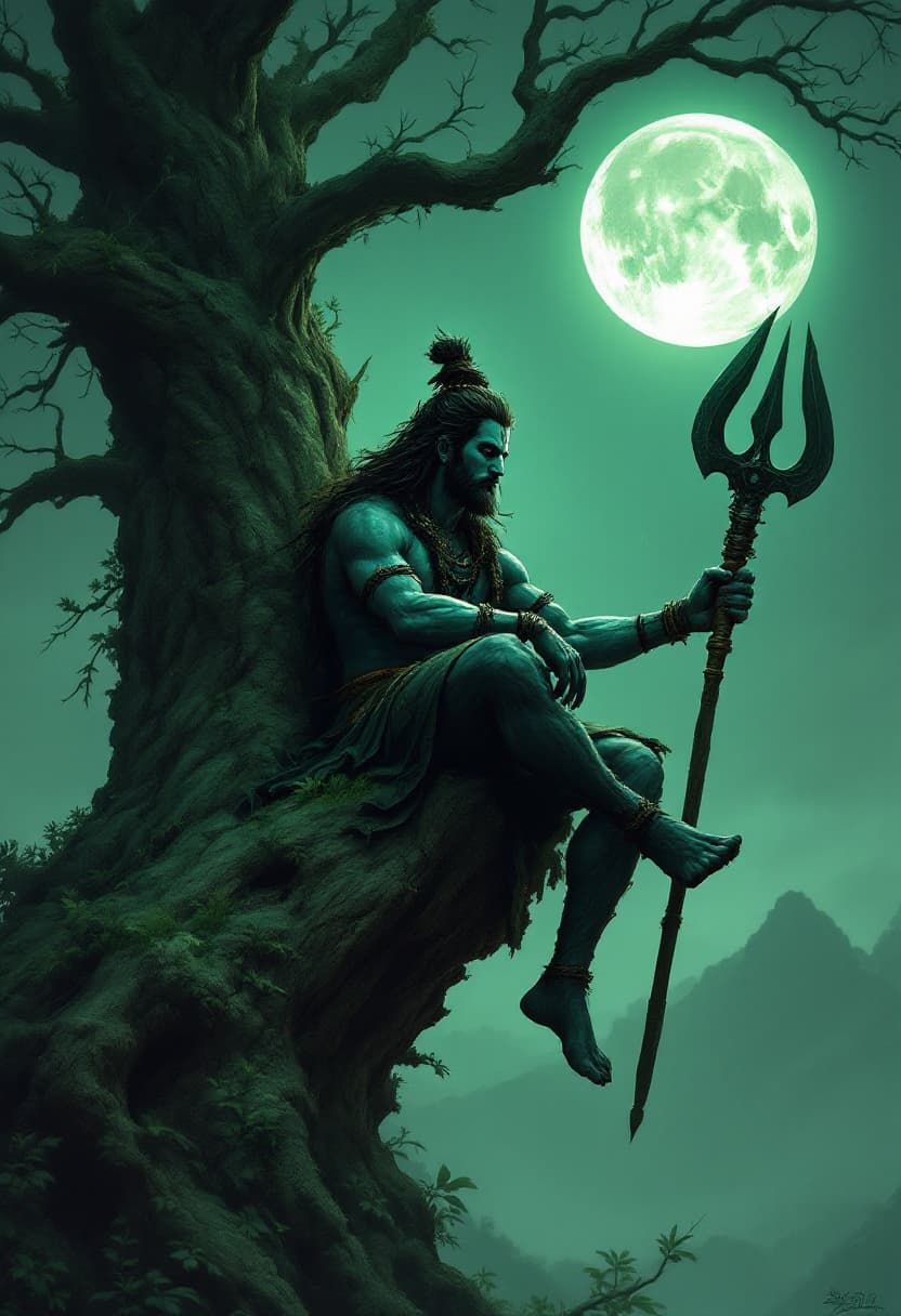 AI generated: A lord shiva figure sits on the edge of an old tree, holding a big trishul in one hand, under a full...