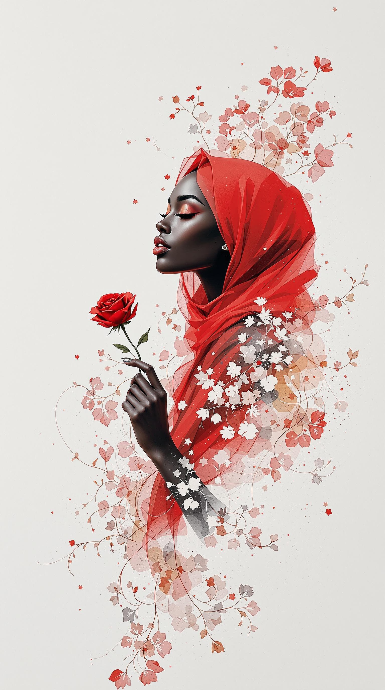 AI generated: surreal portrait of a very dark skinned ethiopian woman in a red veil, face painted, Pretty woman, A...