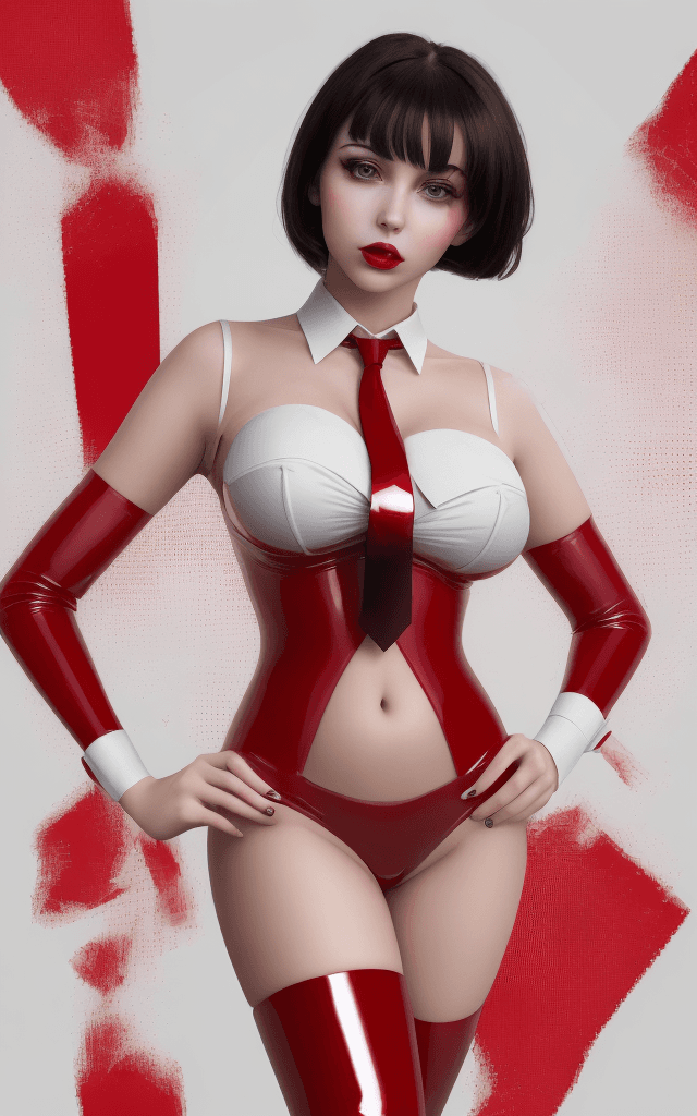 AI generated: high-resolution glitching, full-close photo of an attractive dd-cup woman wearing a red latex tie on...