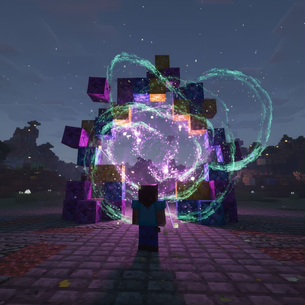 AI generated: Minecraft-style scene, player standing before unstable shimmering portal built from mixed blocks (ob...