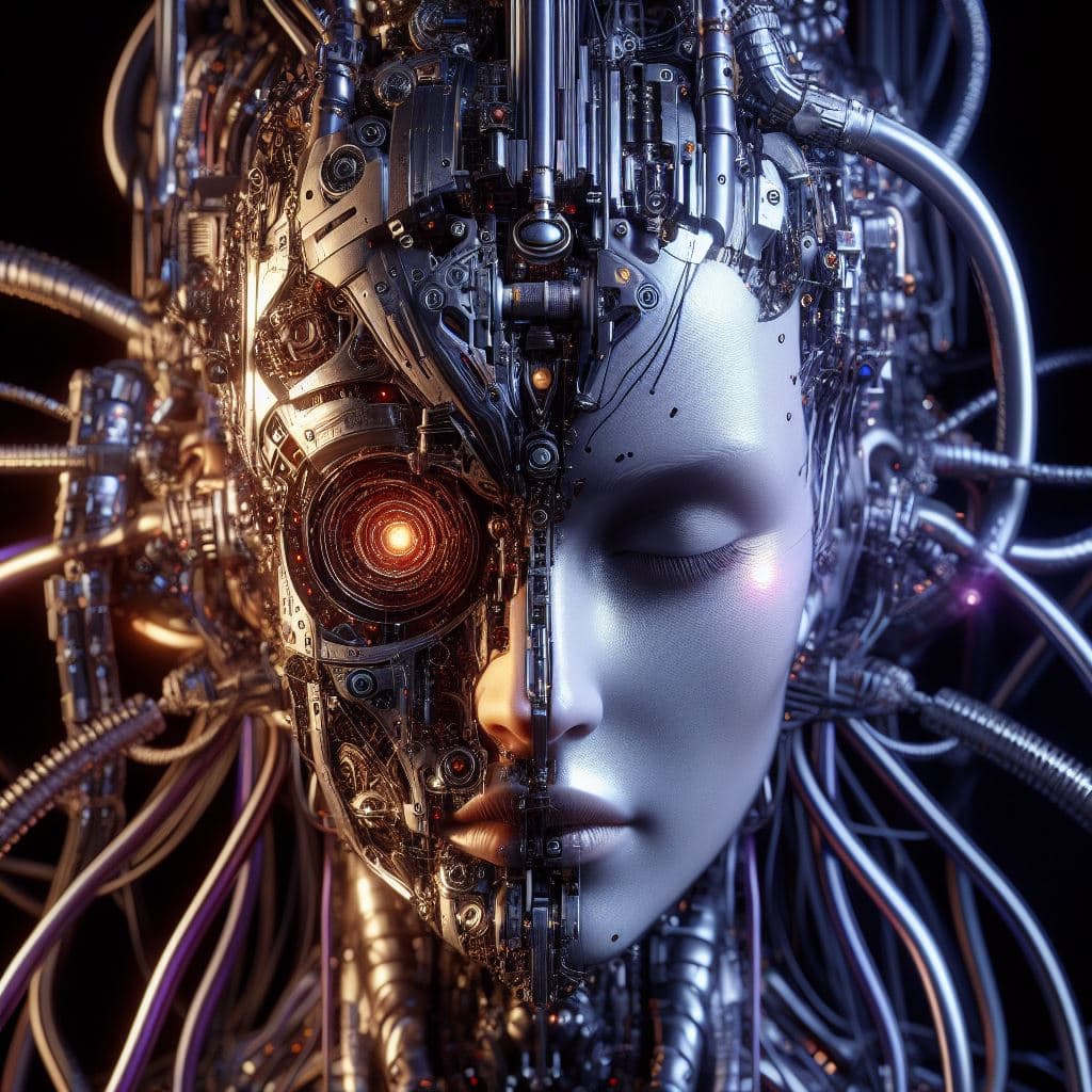 AI generated: a very detailed image of a female cyborg,half human,half machine,very detailed,with cables,wires,mec...