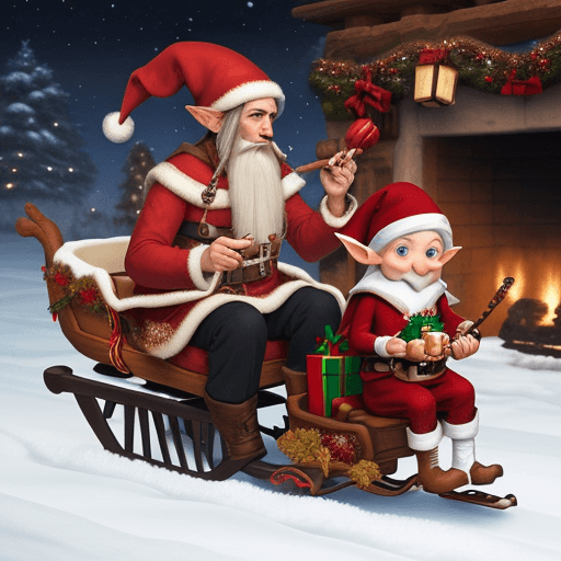 AI generated: Make a sanat closa when he is riding in a sleigh with gifts and an Elf is sitting next to him and pl...
