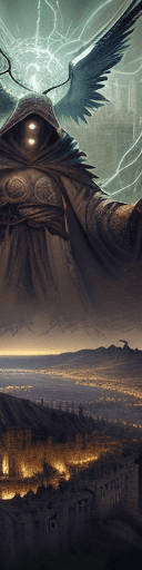 AI generated: A tapestry of a giant monster in a robe and a hood over its head obscuring it's face  with only two ...