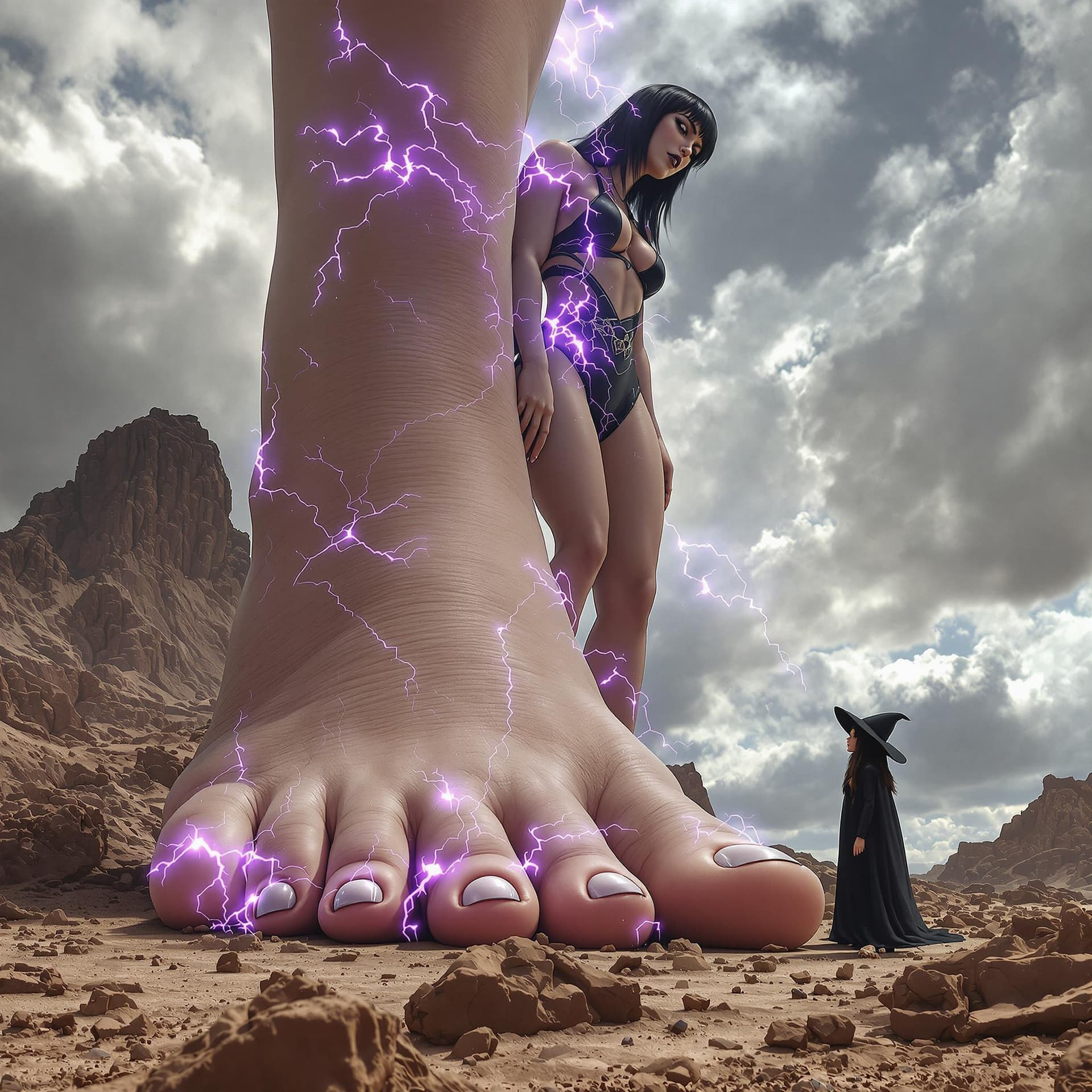 AI generated: 5 toes on foot, enormous giantess female Rhea Ripley from WWE with black medium length hair and stra...