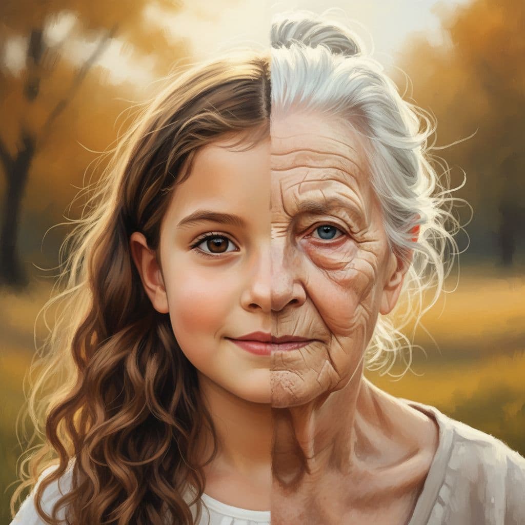 AI generated: A face, half young girls and half elderly people in their eighties --ar 4:5 --s 850 --niji 6