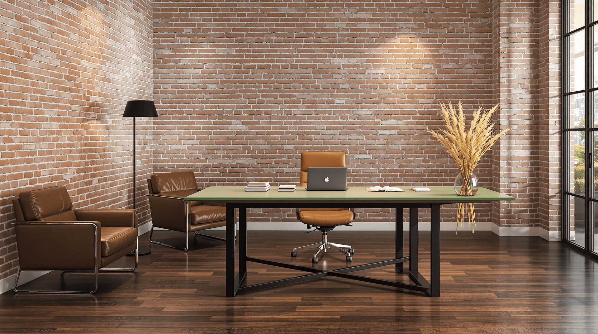 AI generated: A photo of a modern office interior with a rustic feel. The walls are made of exposed brick, and the...