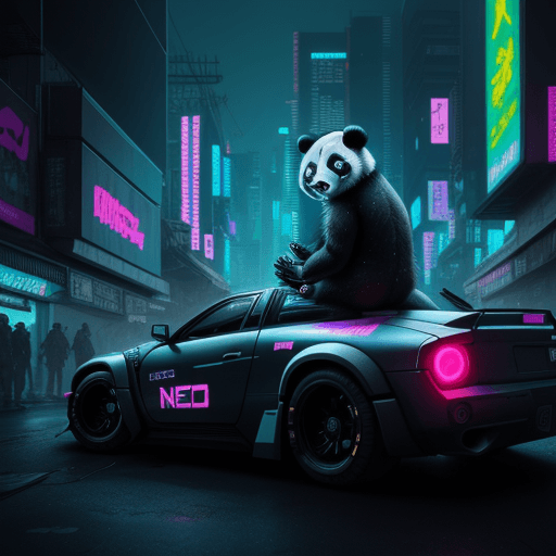 AI generated: cyberpunk panda in the Neon City sits on the cyberpunk car