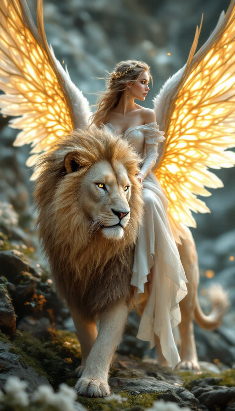 AI generated: A full body photo shot of an angelic mythical lion with outstretched feathery wings with glowing int...