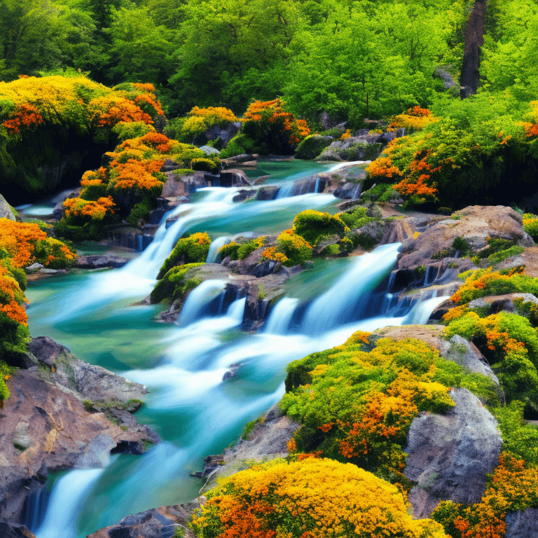 AI generated: foliage, plants, flora, trees, nature, flowers, waterfall, bright, high detail, high resolution, pho...