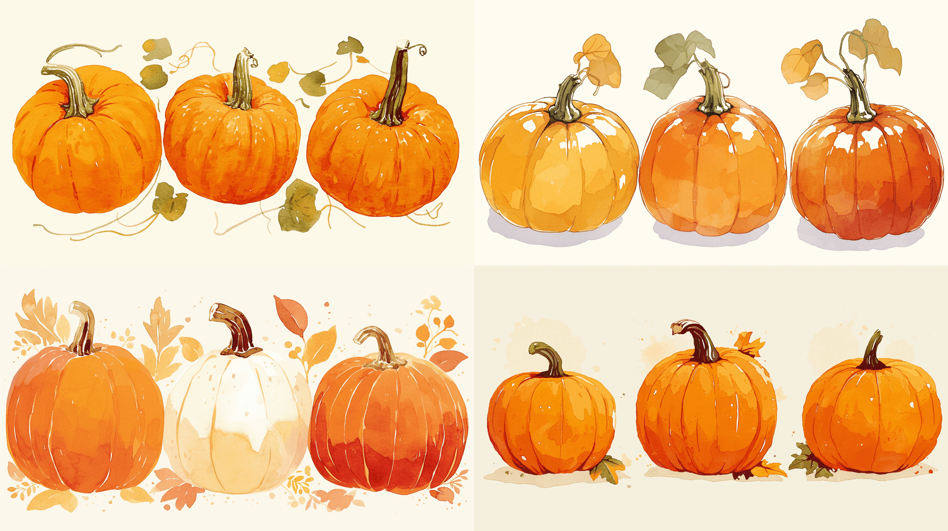 AI generated: An knolling illustration of 3 pumpkins in warm autumn colors. white background, adding depth to the ...