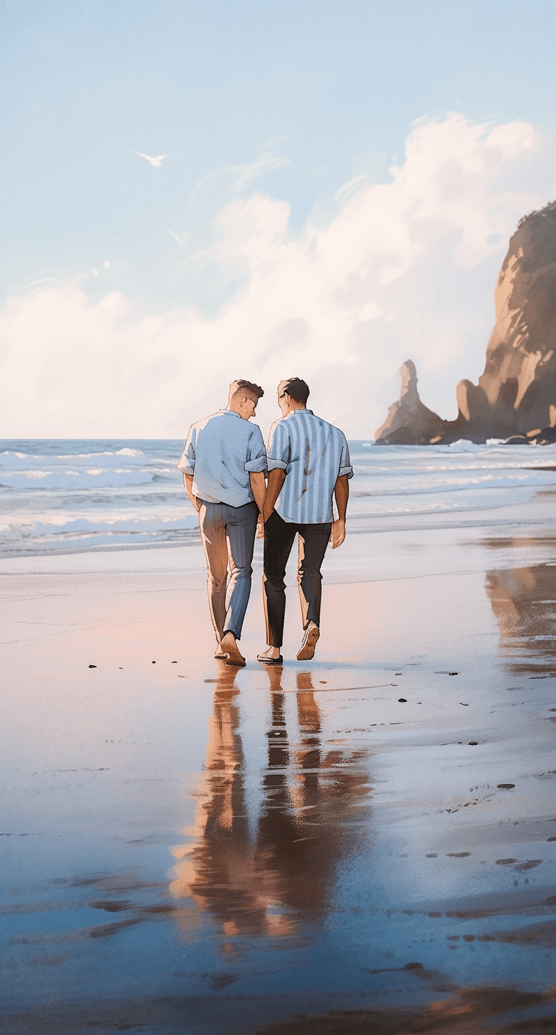AI generated: gay couple on the beach, pastles shades of blue, style by watercolor, realistic attention to detail,...