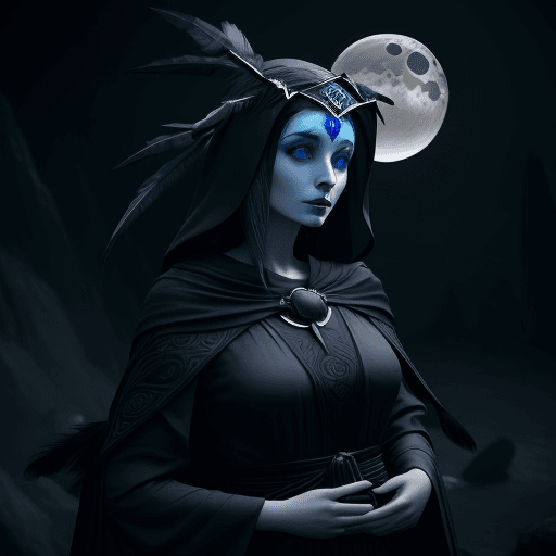 AI generated: pale woman, wearing obsidian black frabric robes with blue runes, wearing a headdress made of onyx b...