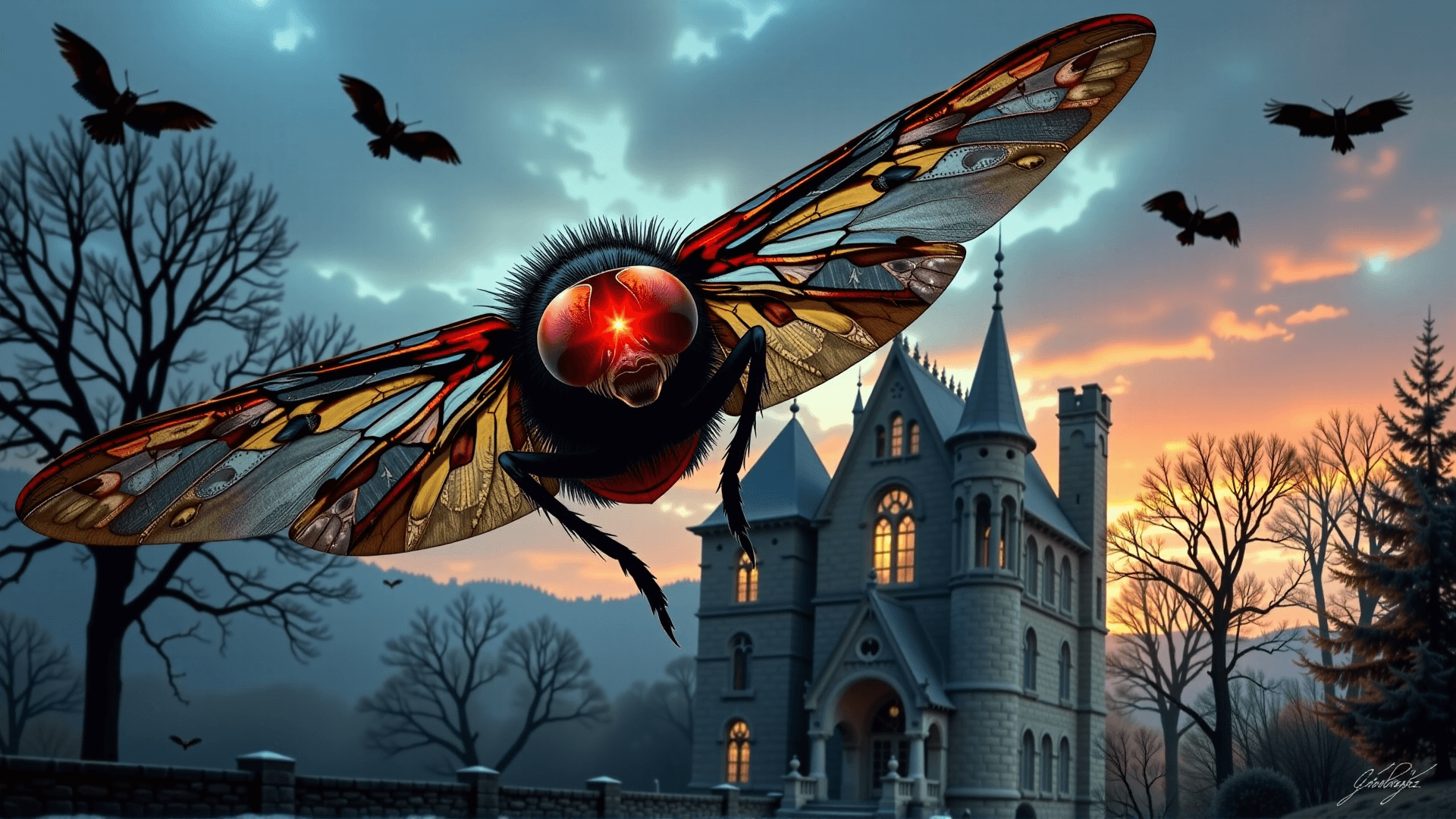 AI generated: Gothic Horror: Eine schattenhafte Fliege mit leuchtend roten Augen, die einen einsamen SÃ¤nger in ei...