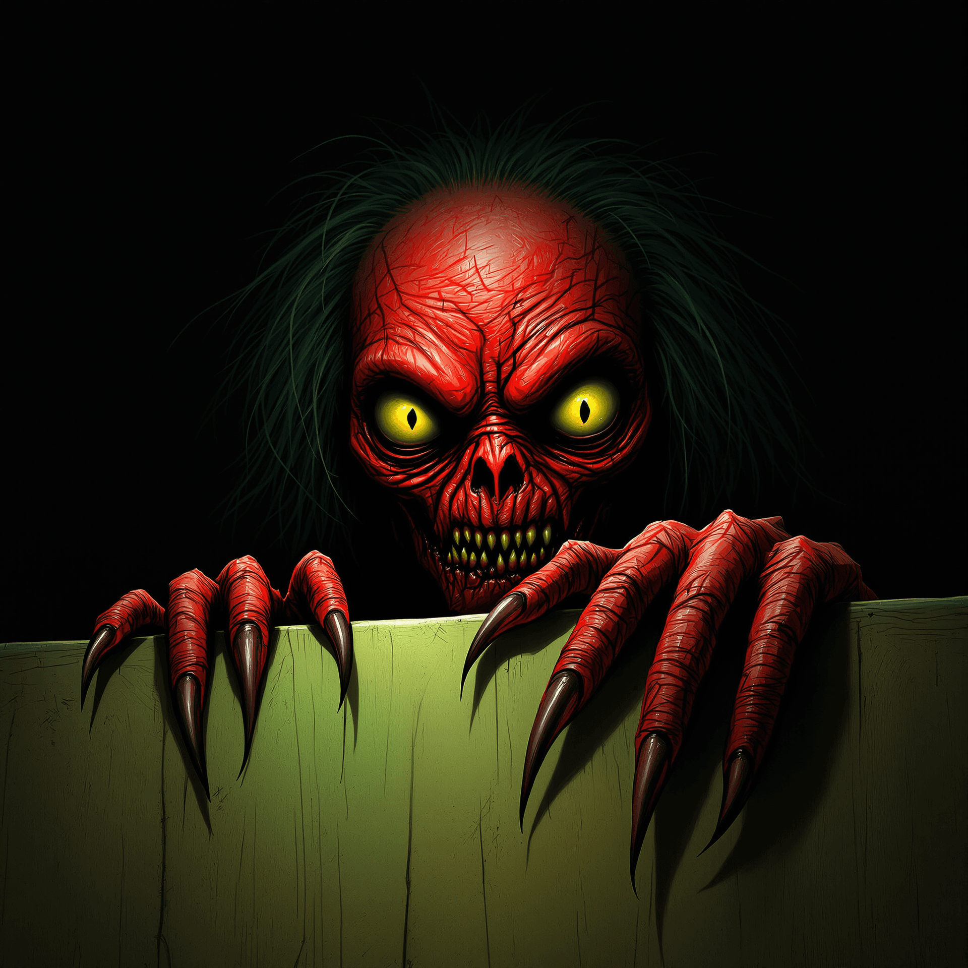 AI generated: A grotesque, red-skinned creature with large, vacant eyes peers over the edge of a wooden surface, i...