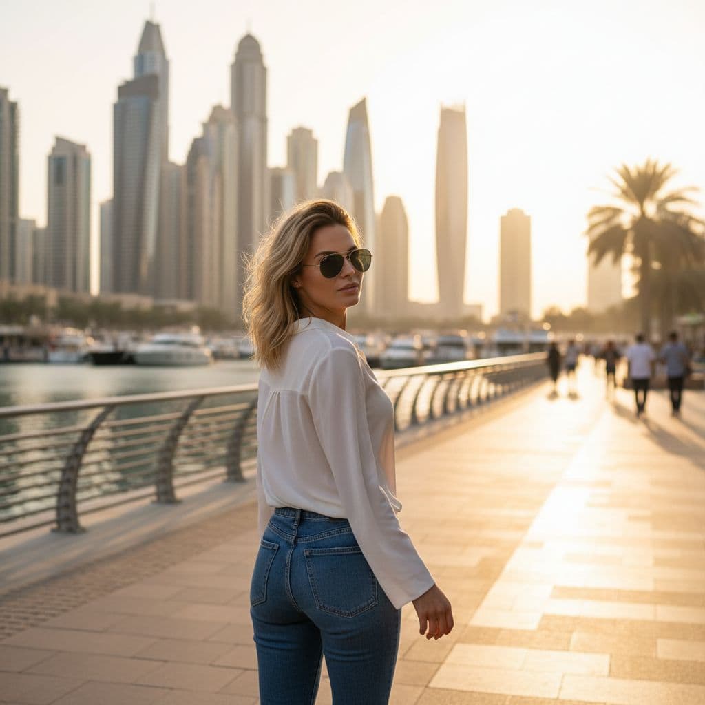 AI generated: Relaxed photo of a woman walking along Dubai Marina promenade, wearing casual jeans, white blouse, s...
