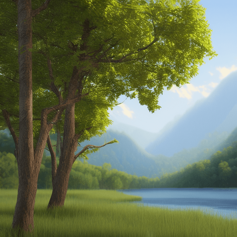 AI generated: photorealistic oil on canvas, 
trees by a river and hill,
beautiful setting, 
Foreground,
unreal eng...