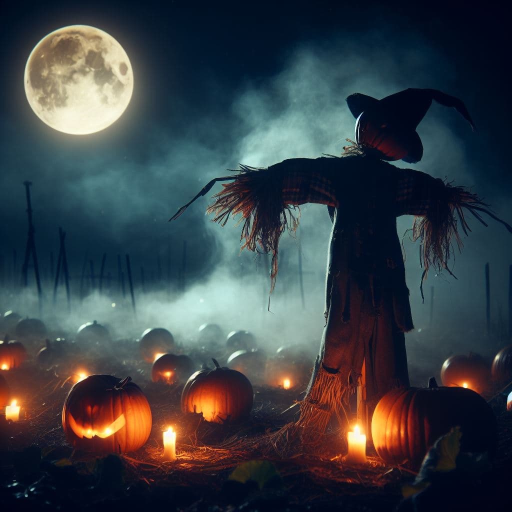 AI generated: A pumpkin field at night, full moon, fog, a creepy scarecrow standing on the field, very detailed, d...