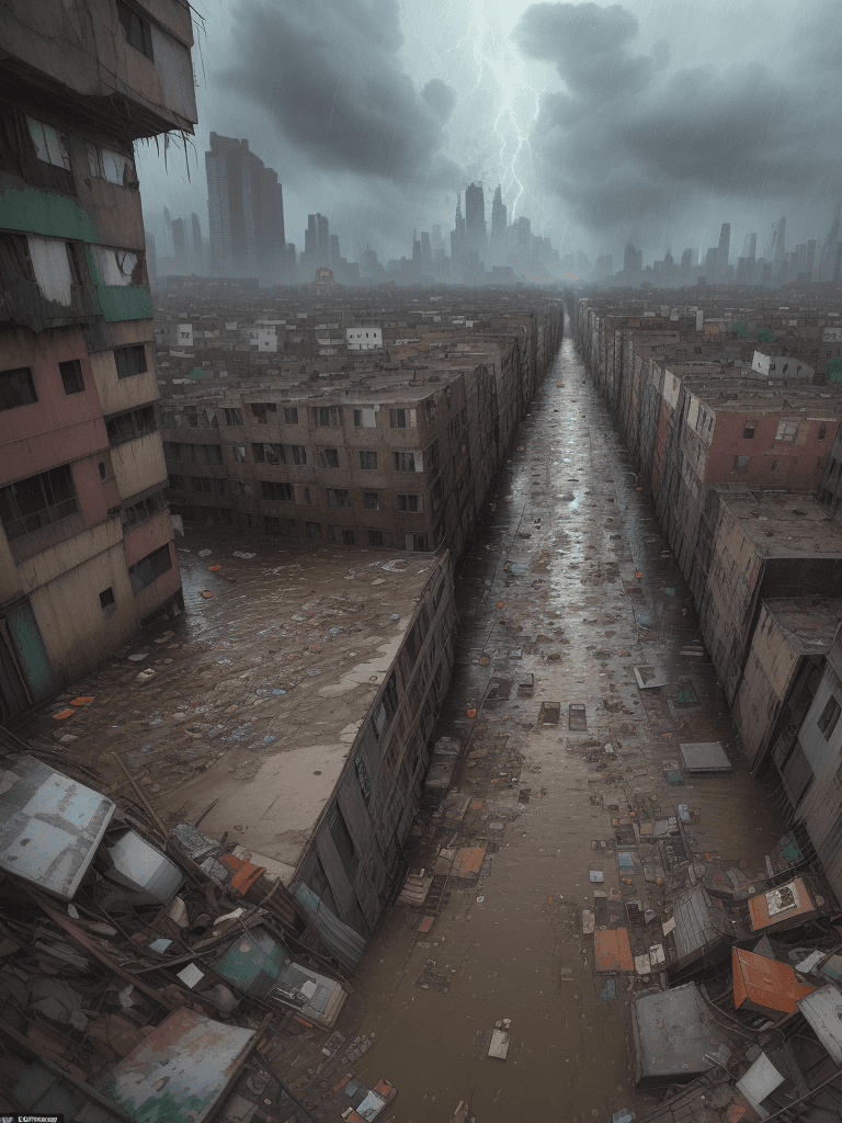 AI generated: A heavy storm and flooding of a slum corner,iconic album covers,flood,
rain,typhon,
litter,intricate...