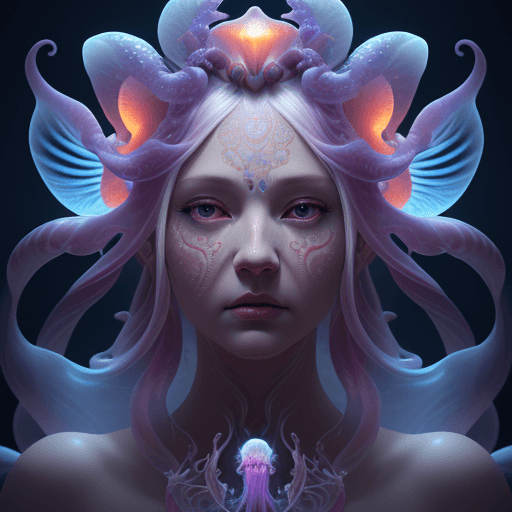 AI generated: Goddess close-up portrait ribcagel. jellyfish phoenix head, nautilus, orchid, skull, betta fish, bio...