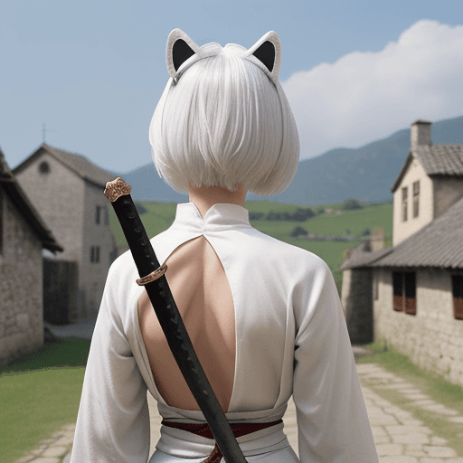 AI generated: 1 girl, white hair,back viewer,1 katana in hand,short hair, medieval theme, medieval village backgro...