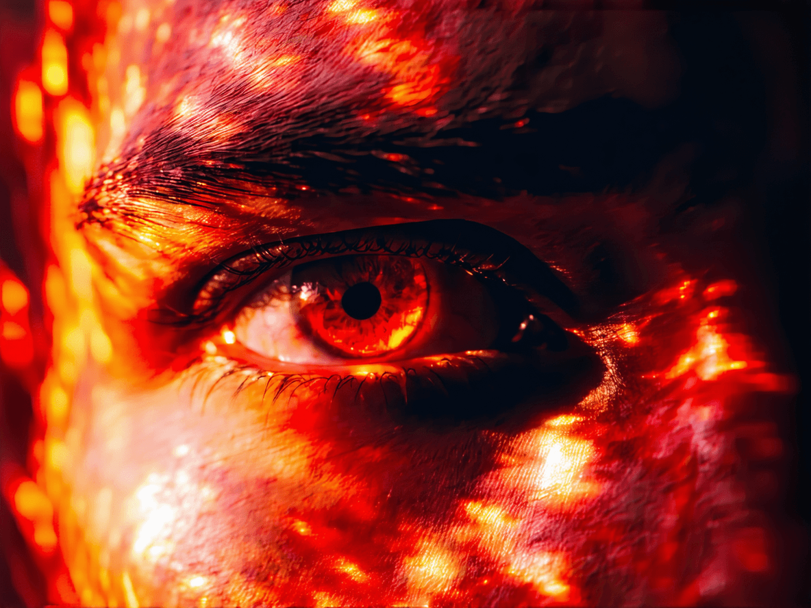 AI generated: A demon's eyes shining like a kinfisher's wings. 