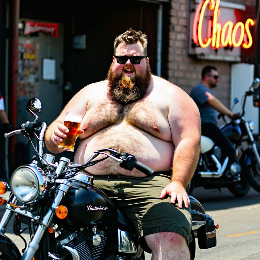 AI generated: Fat shirtless hairy guy, sitting on a Harley Davidson motorcycle, Budweiser beer in hand, motorcycle...