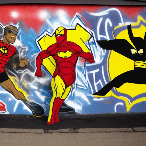AI generated: a blackman in a red and yellow superhero suit  fighting a white man in a dog superhero suit, in fron...