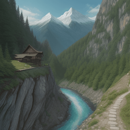 AI generated: Mountain,narrow lane,cliff,small river
