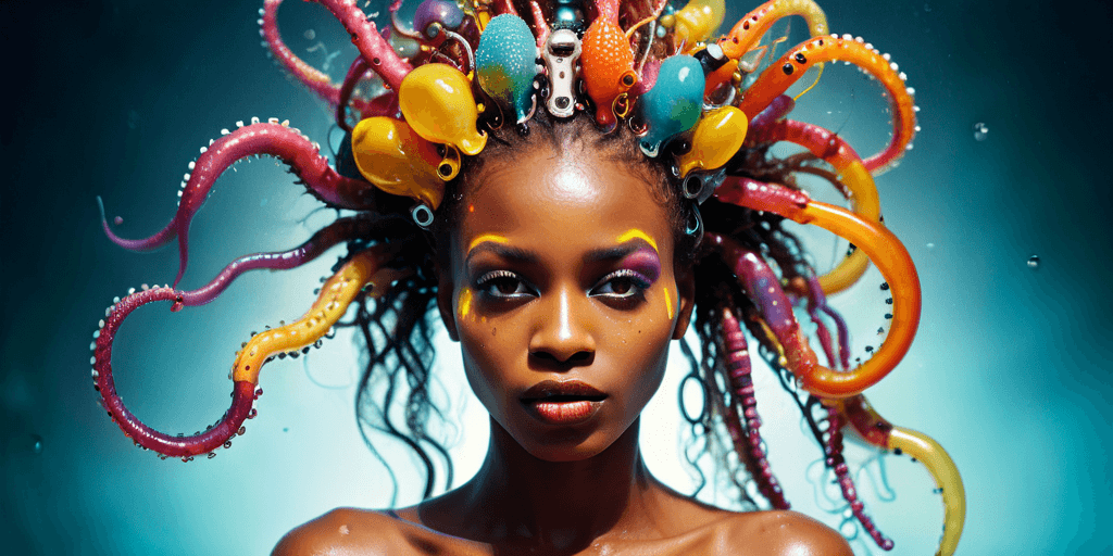 AI generated: photo of Hyperrealistic , intricate, scattering (colourful),African woman with skin that is wet and ...