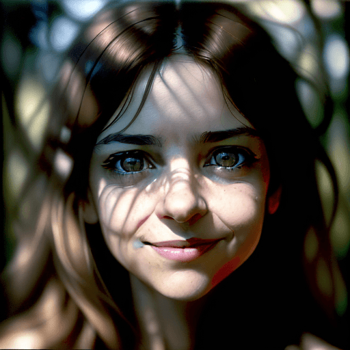 AI generated: colors, sharp light brown eyes, A soul-stirring close-up portrait of a woman, grins, her grace enhan...