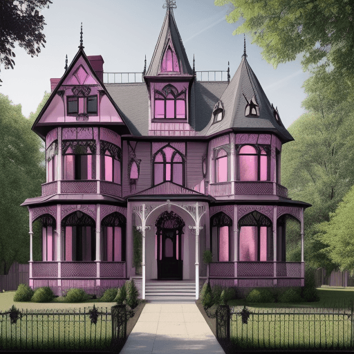 AI generated: A three story Victorian style house, pink with white, black, and deep purple trims, gothic architect...