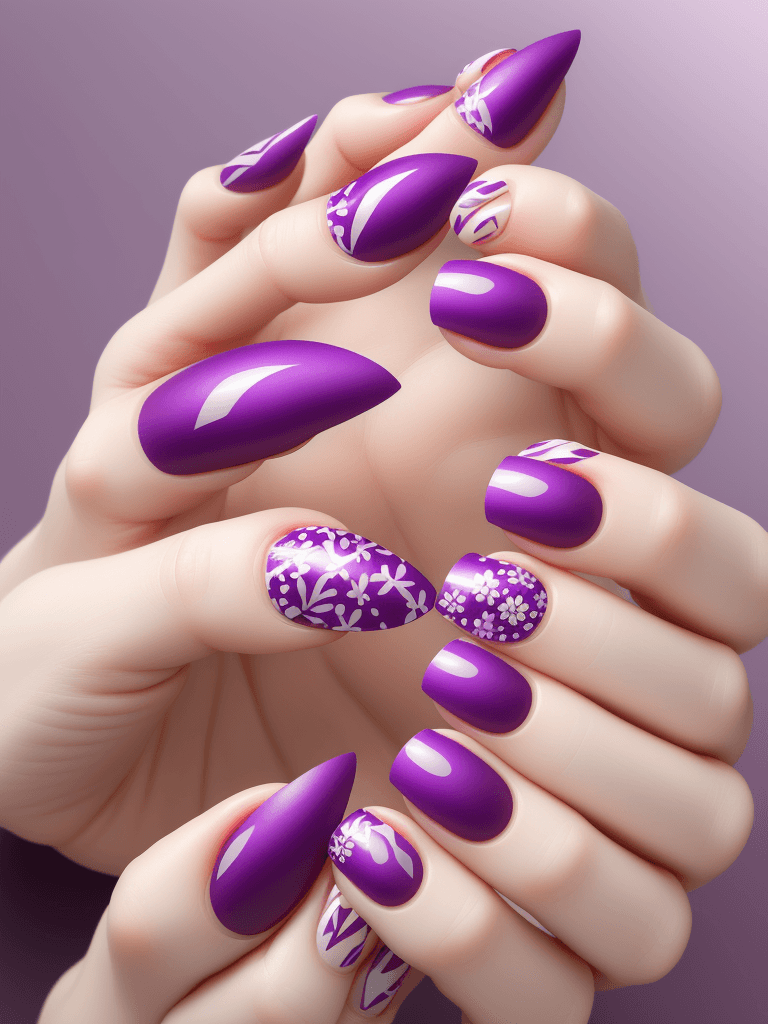 AI generated: beautiful polygel nails, purple color with design, realistic image