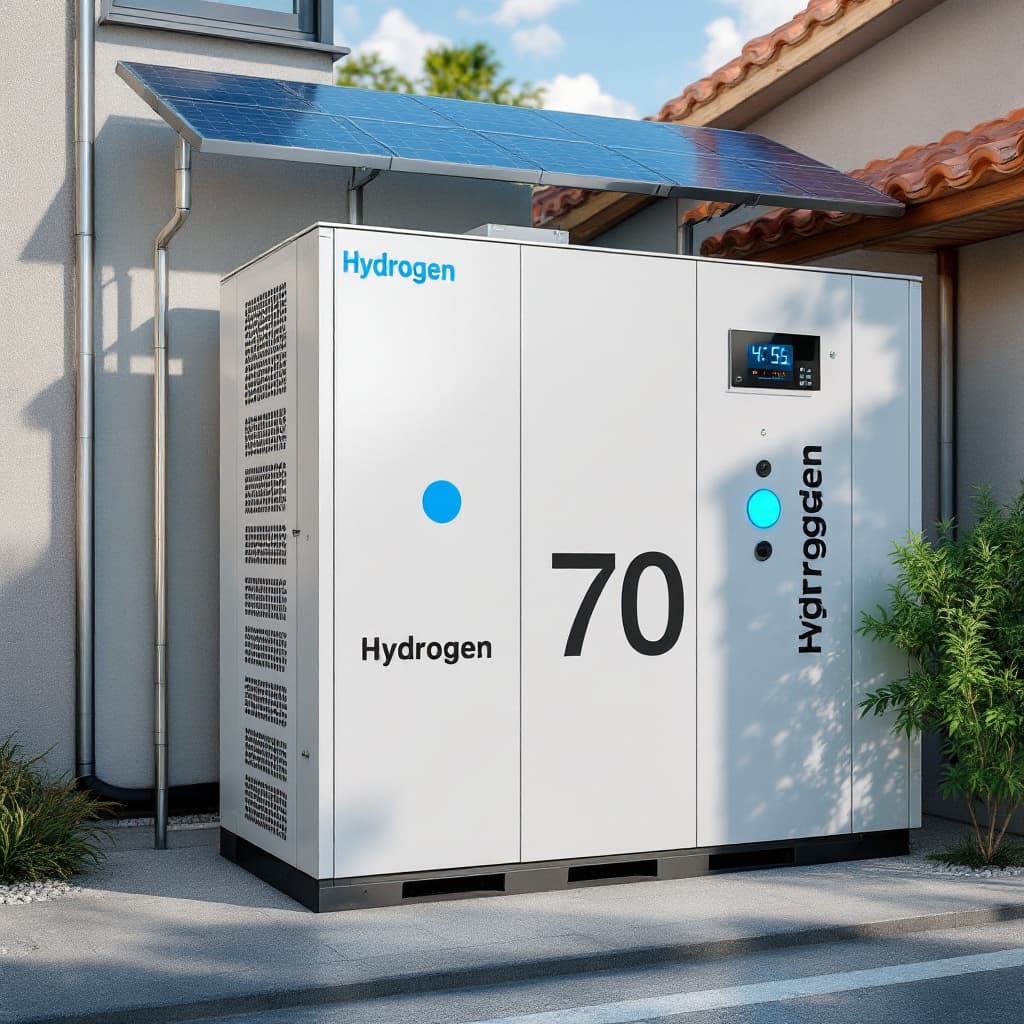 AI generated: Photo of a Hydrogen storage unit supplied by photovoltaic modules. Displaying the benefits of longte...