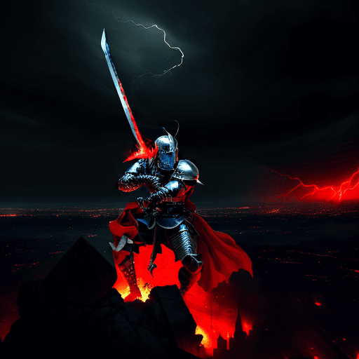 AI generated: A knight destroying an entire city with his sword while the sky is tearing, slams his big sword into...