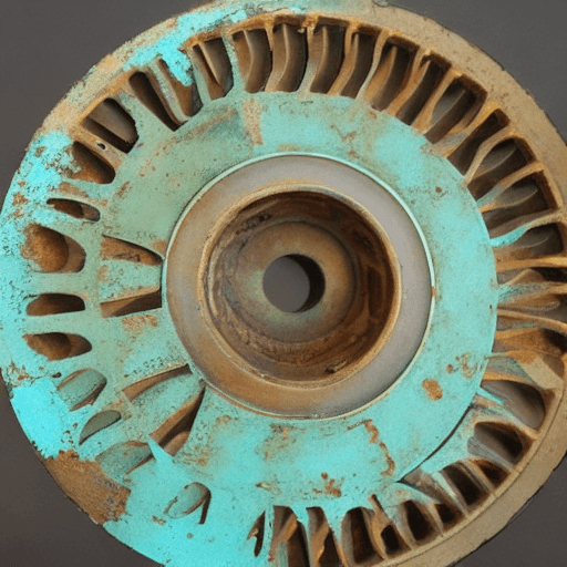 AI generated: [1] "FLS Atmospheres" written in capital letters in the center of a slightly rusted gearwheel. The g...