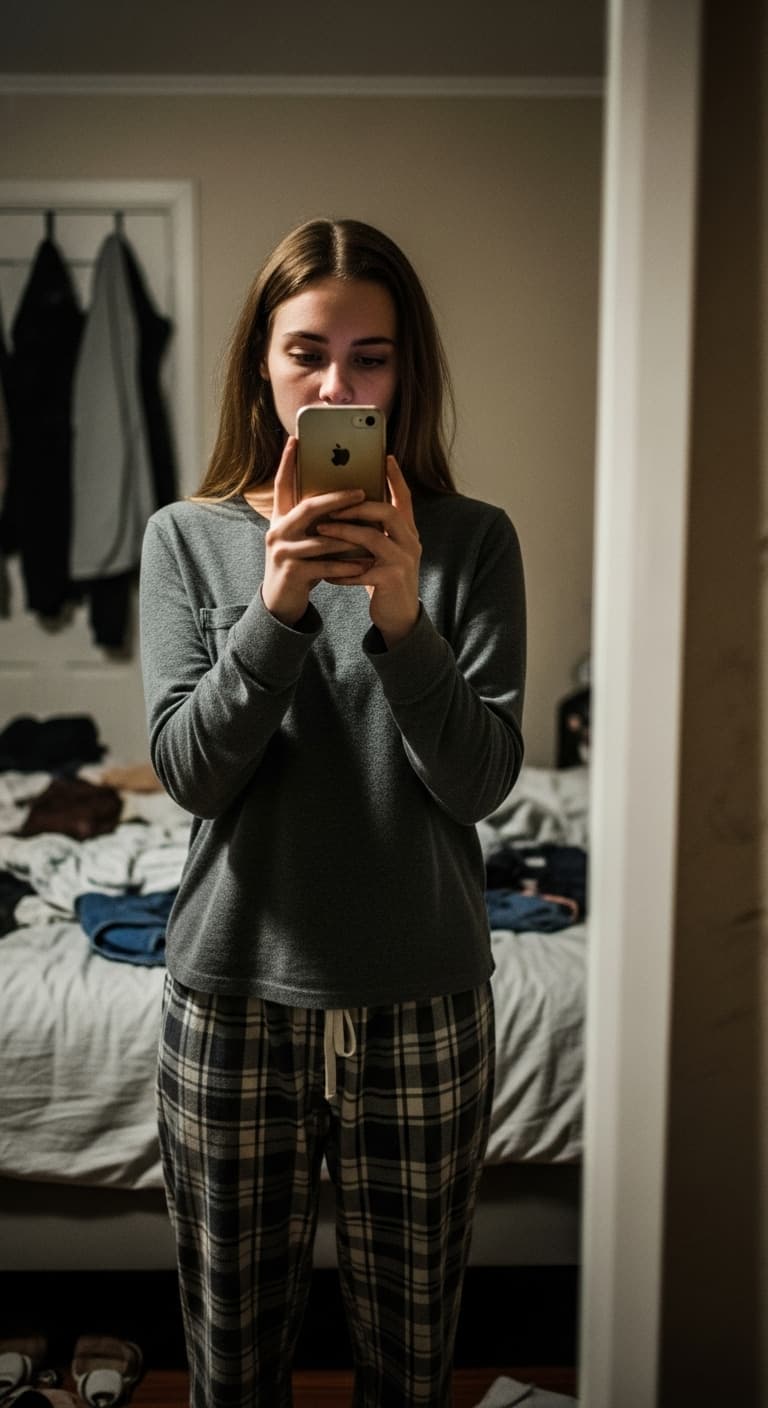 AI generated: very young beautiful authentic women stand in front of a mirror, capturing a selfie. The image quali...