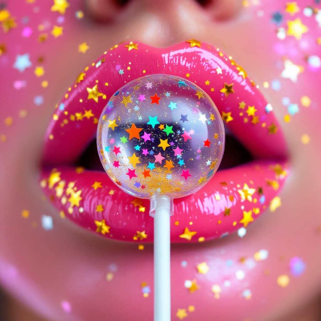 AI generated: A close-up of vibrant pink glossy lips adorned with glittering golden and silver star-shaped sequins...