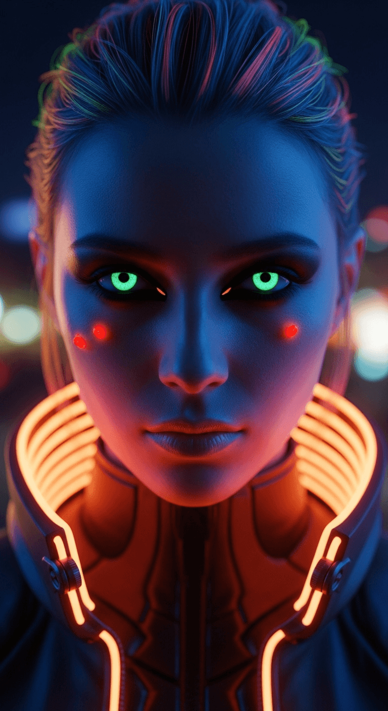AI generated: portrait model with neon-colored eye makeup, focusing on intense black eyeshadow, glowing orange col...