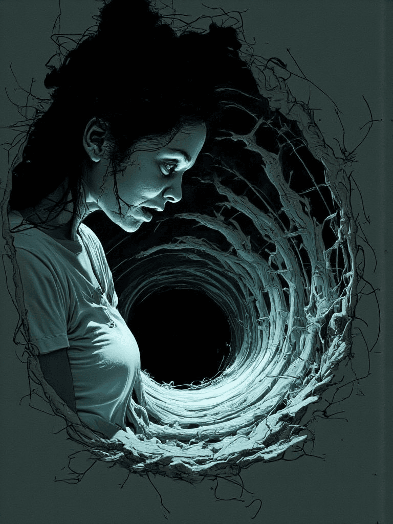 AI generated: A terrified woman stares downward at a void in the center of her stomach (1.4), her face frozen in a...