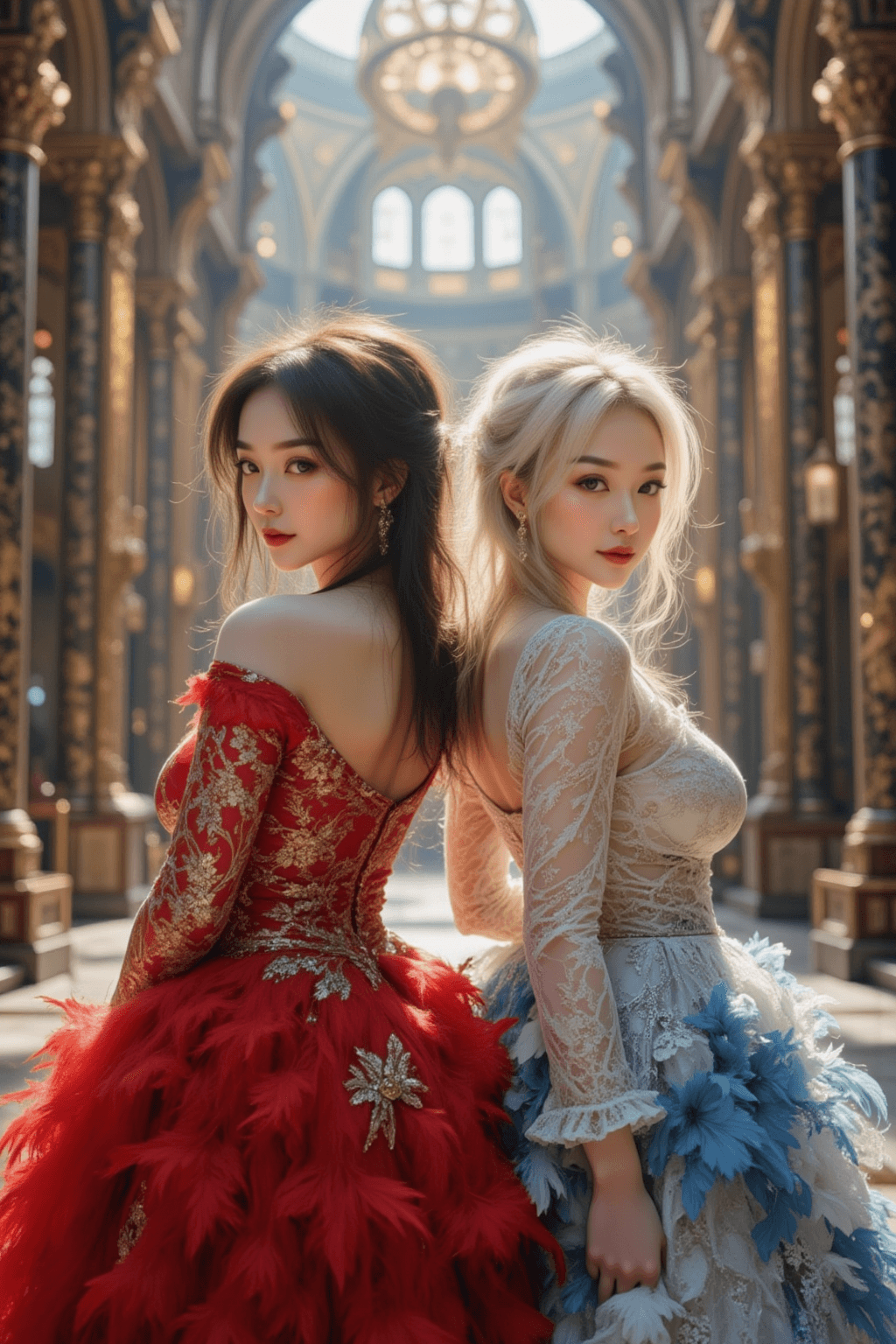 AI generated: A hyper-realistic, high-fashion fantasy portrait of two beautiful chinese women, an allegory of fire...