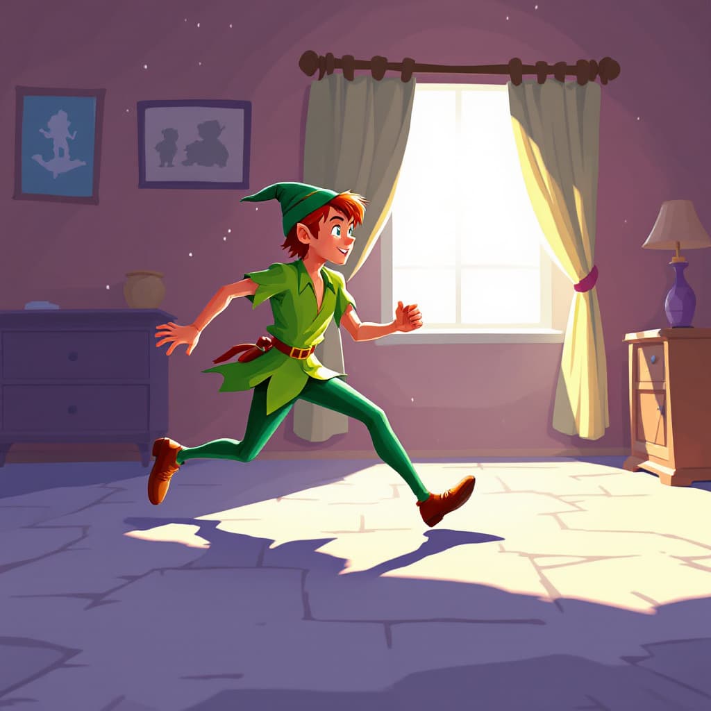 AI generated: peter pan chasing his shadow  in wendy's room.
