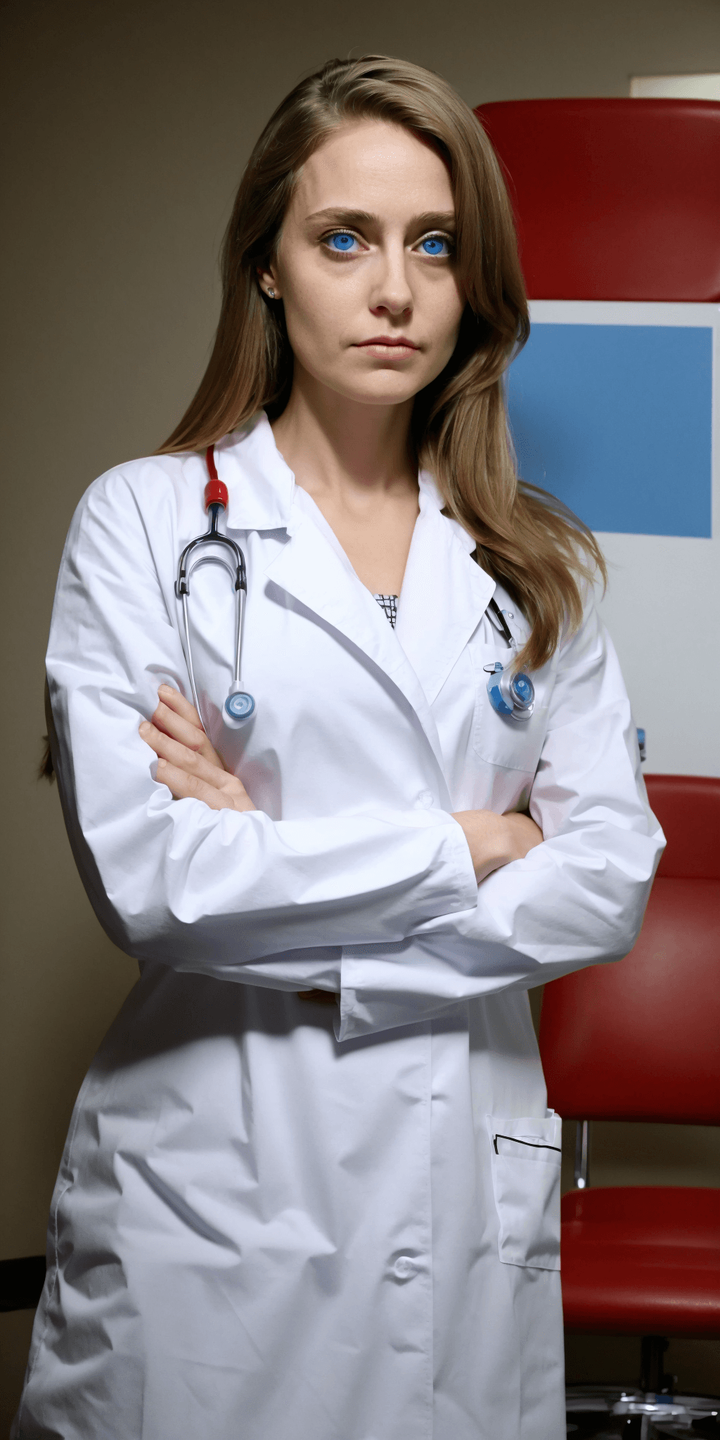 AI generated: Professional doctor, blue eyes, serious look, full body shot, arms crossed, medical office with chai...
