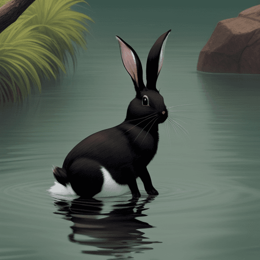 AI generated: a black tail jack rabbit named Mario, stuck on a branch in water. Sami tried to jump across the wate...