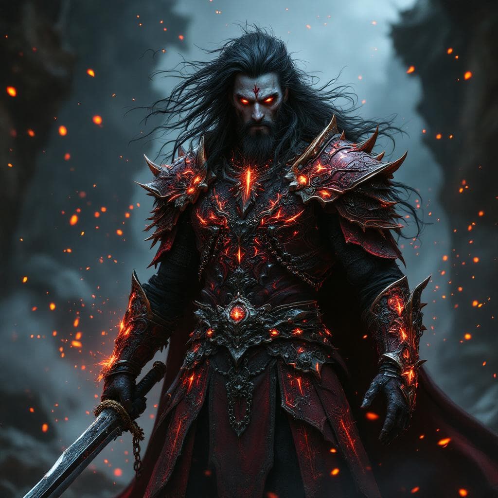 AI generated: A lord dark blackish-blue inspired male warrior, full-body, standing in an epic fantasy setting. Wea...