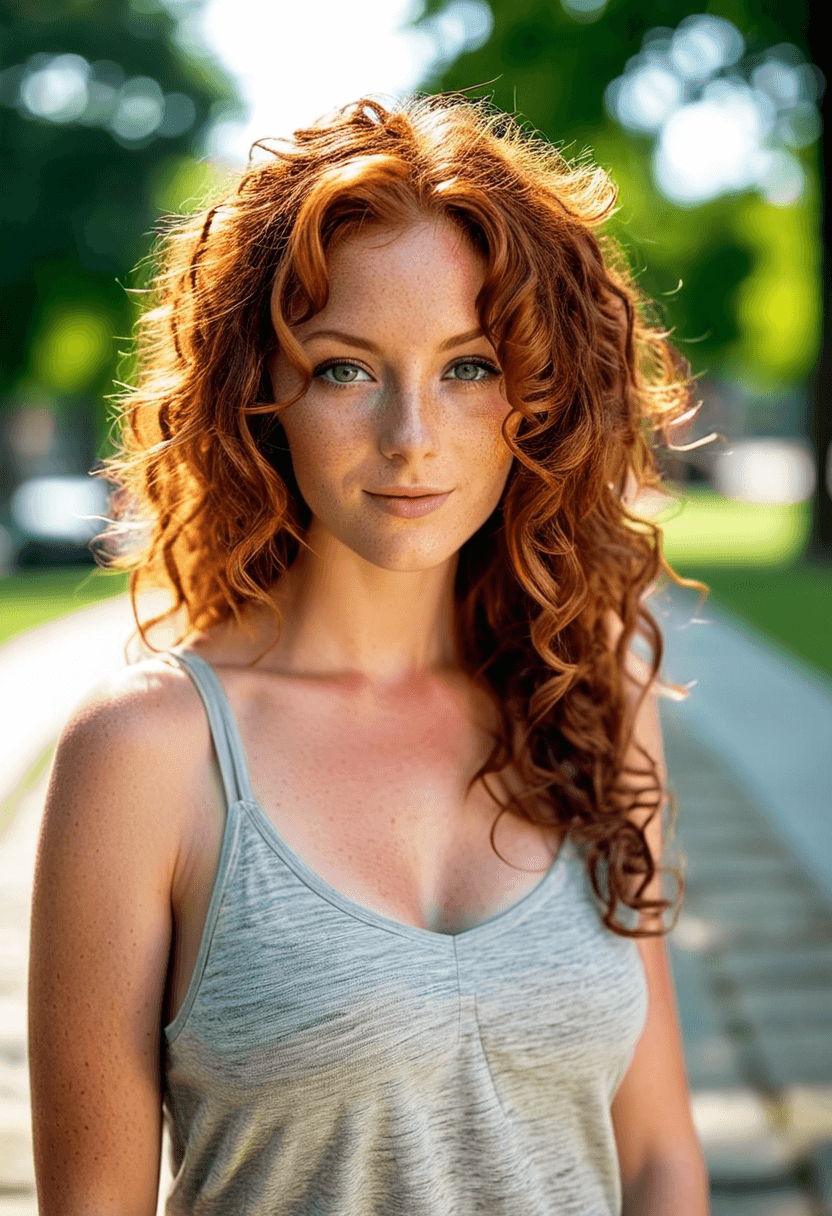 AI generated: breathtaking woman, spiral curls, long auburn hair, (freckles:0.6), standing in a stone walkway in a...