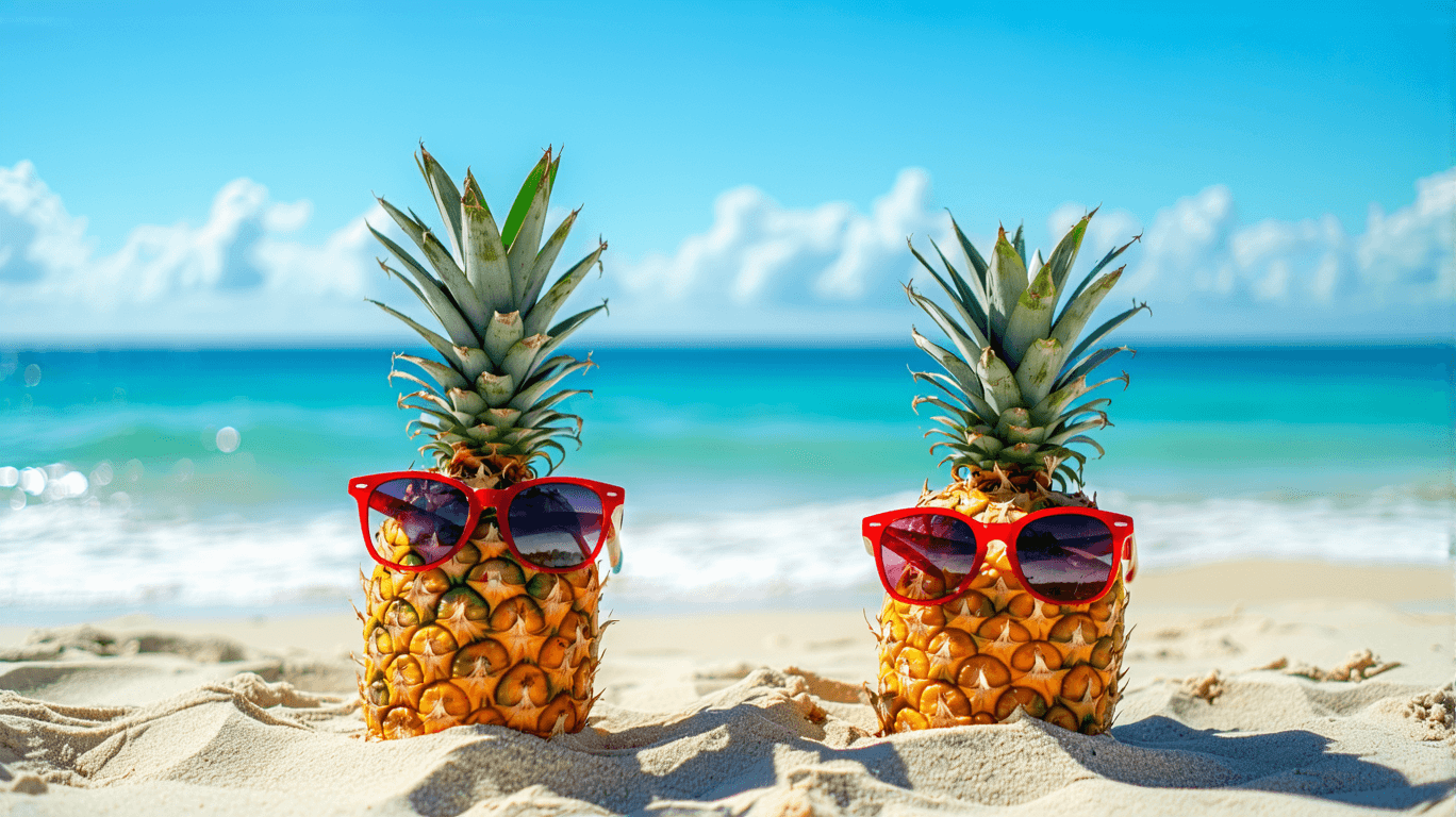 AI generated: Photo of two pineapples with sunglasses on a sandy beach, ocean in the background, bright sunny day,...