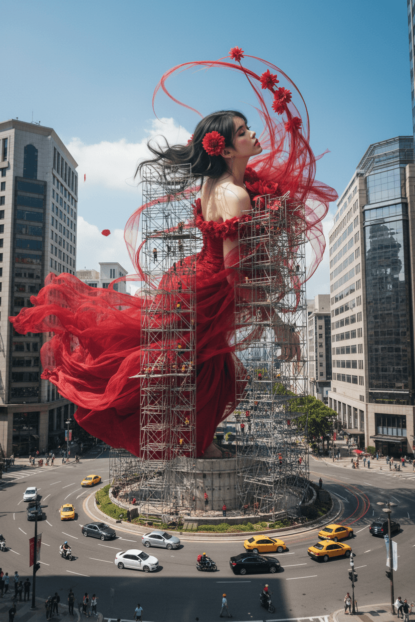 AI generated: An ultra-realistic, giant statue (based on the uploaded photo of the person) stands in the center of...