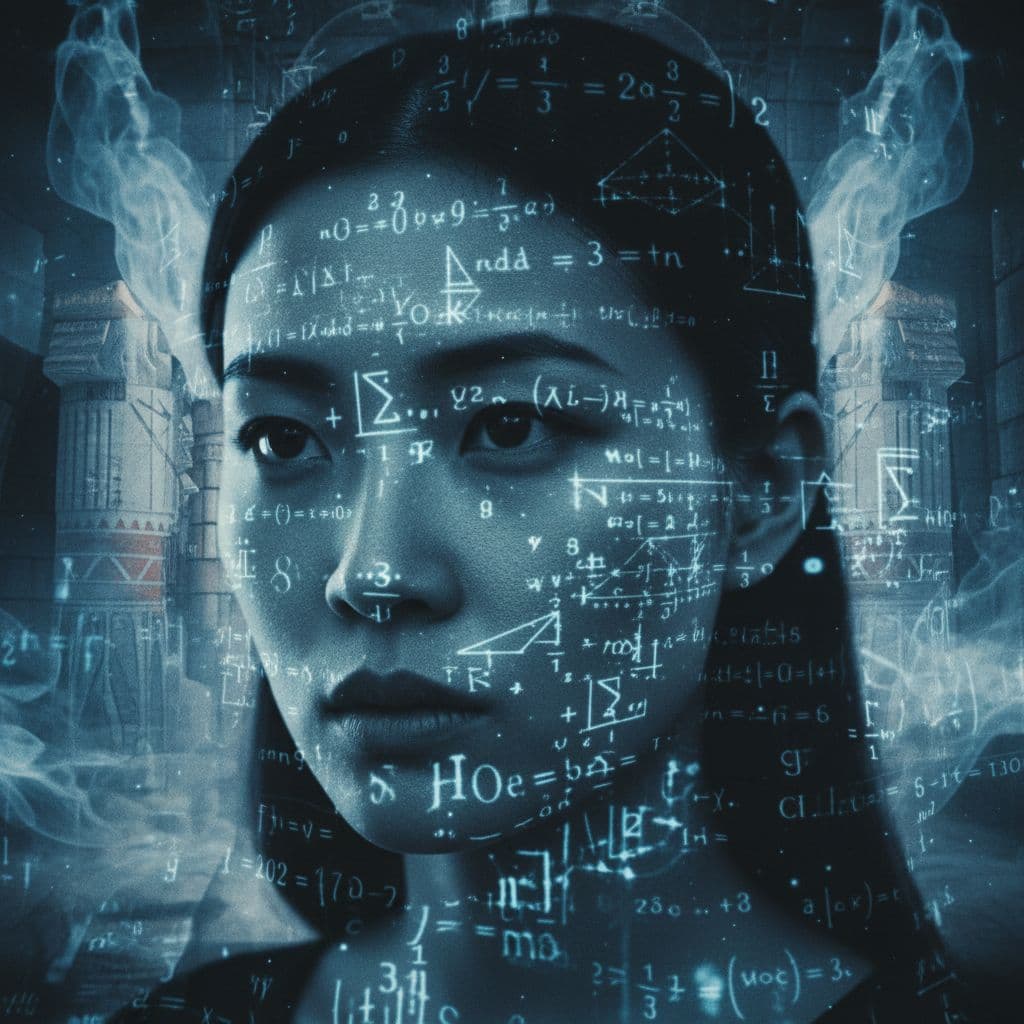 AI generated: Shadowrun Math Projection - A close-up of a korean girl's face with set logical ambient background, ...